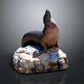 Artistic Sea Lion Sculpture Sitting On Natural Stone Base Decoration