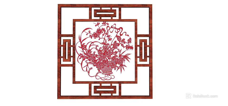 Traditional Chinese Carving Artwork with Red Floral Butterflies in Square Wooden Frame 3d model 