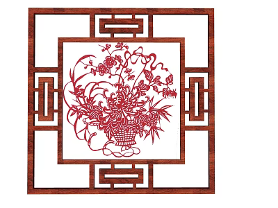 Traditional Chinese Carving Artwork with Red Floral Butterflies in Square Wooden Frame 3d model