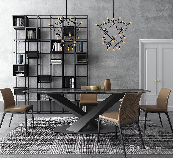 Modern Restaurant Interior Featuring Glass Dining Table Black Metal Frame Brown Chairs Geometric Pendant Lights 3d model 