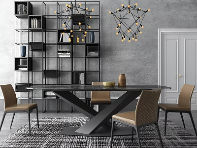 Modern Restaurant Interior Featuring Glass Dining Table Black Metal Frame Brown Chairs Geometric Pendant Lights 3d model