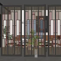 Modern Room Divider With Geometric Metal Frame And Glass Panels In Dining Area