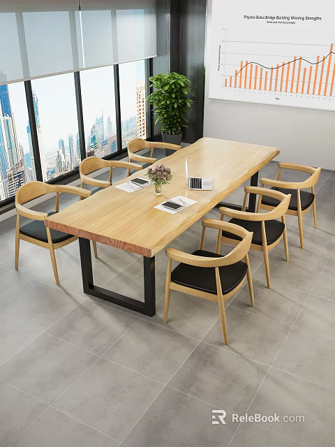 Modern Wooden Conference Table With Metal Frame Office Chairs Laptop Vase And City View 3d model 