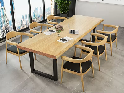 Modern Wooden Conference Table With Metal Frame Office Chairs Laptop Vase And City View 3d model