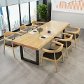 Modern Wooden Conference Table With Metal Frame Office Chairs Laptop Vase And City View