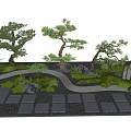 Multiple Arbor Trees In Landscaped Garden With Stone Path And Decorative Plants