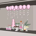 Decorative Ornament Set With Pink Balloons Star Decorations Dessert Trays And Green Plants