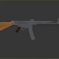 Submachine Gun With Wooden Stock Metal Barrel Magazine And Reflective Dark Background