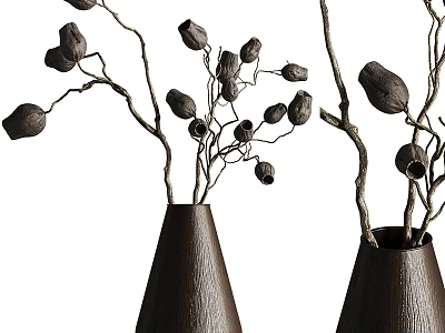 Two Brown Cone Shaped Vases With Decorative Dried Branches And Seed Pods 3d model