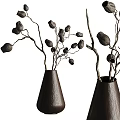 Two Brown Cone Shaped Vases With Decorative Dried Branches And Seed Pods