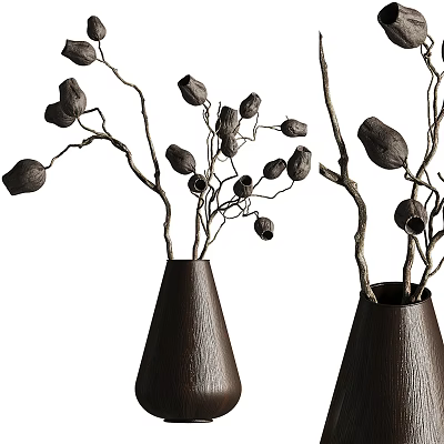 Two Brown Cone Shaped Vases With Decorative Dried Branches And Seed Pods 3d model