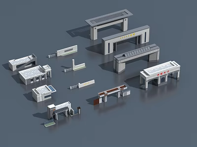 Various Modern Entrance Gate Designs With Canopies Columns And Signage Elements 3d model