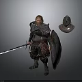 Detailed Armored Warrior Standing With Sword Shield And Helmet On Gray Background