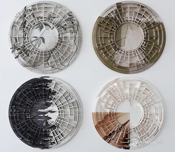 Modern Set Of Circular Wall Decor With Grid Patterns And Multicolor Tones 3d model 