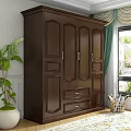 Dark Brown Wooden Wardrobe with Green Curtains Window Plant and White Planter