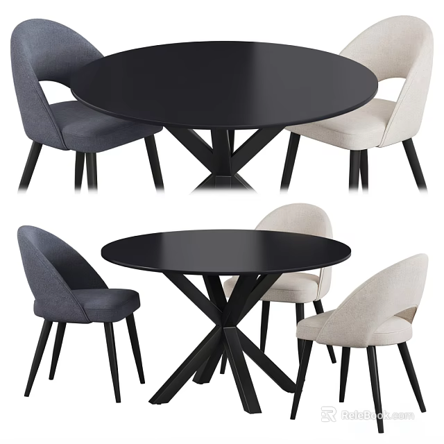 Modern Round Black Table with Gray Beige Upholstered Chairs and Wooden Legs Set 3d model 