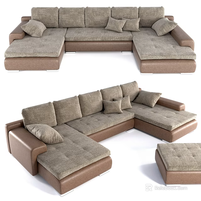 Modern Brown Sectional Sofa With Soft Fabric Cushions And Chaise Lounge 3d model 