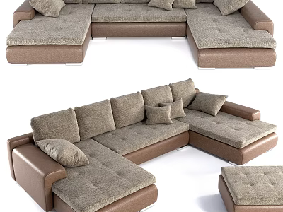 Modern Brown Sectional Sofa With Soft Fabric Cushions And Chaise Lounge 3d model