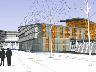 Modern Commercial Street With Glass Facade Orange Panels Trees And Pedestrians 3d model