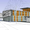 Modern Commercial Street With Glass Facade Orange Panels Trees And Pedestrians