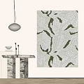 Elegant Modern Interior With Leaf Pattern Painting Marble Countertop And Pendant Light 3d model