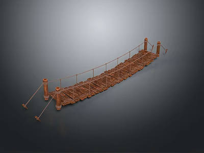 Wooden Suspension Bridge Model With Rope Railings Pillars And Wooden Planks Structure 3d model