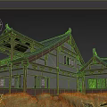 Ancient Architecture with Curved Eaves Wooden Structure and Traditional Roof in Natural Grassland