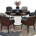Modern Round Dining Table Set With Six Chairs Tableware And Decorative Rug 3d model