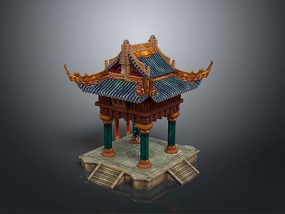 Traditional Chinese Pavilion Architecture With Blue Tile Roof Decorative Eaves Green Columns And Stone Base 3d model