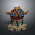 Traditional Chinese Pavilion Architecture With Blue Tile Roof Decorative Eaves Green Columns And Stone Base