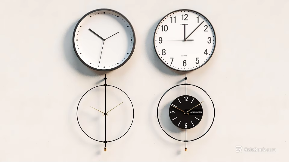 Modern Round Wall Clocks With Black White Design And Hanging Decorative Elements 3d model