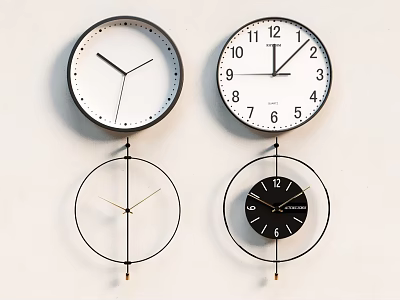 Modern Round Wall Clocks With Black White Design And Hanging Decorative Elements 3d model