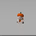 Cute Baby in Pumpkin Hat with Pumpkin Pattern Clothing Crawling on Gray Background