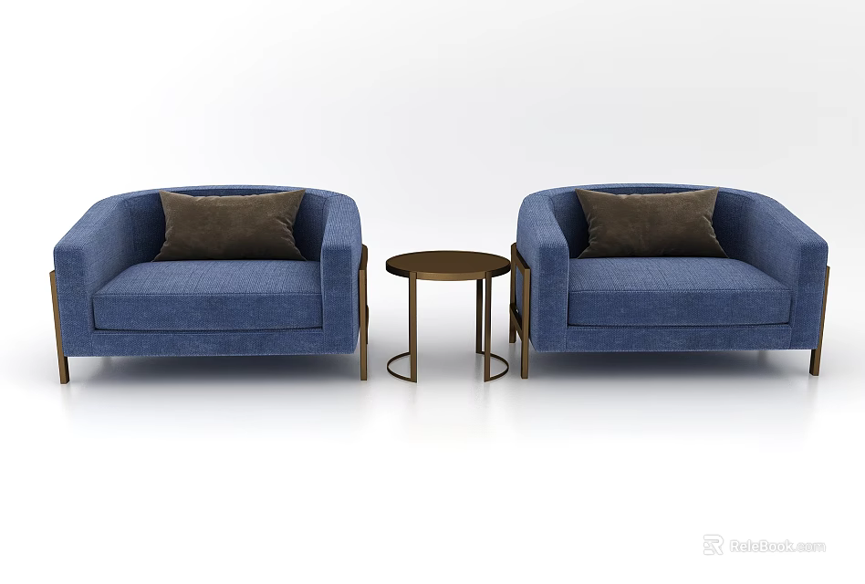 Two Blue Casual Sofa Set With Brown Cushions And Round Side Table 3d model