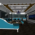 KTV Interior Design With Turquoise Sofas Coffee Tables Chandelier And Large Screen 3d model