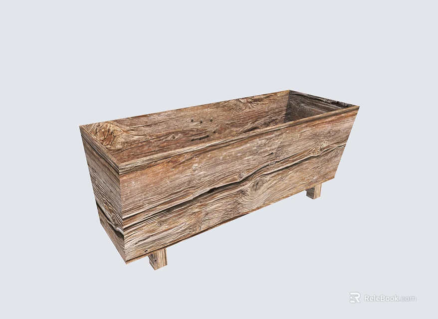 Rustic Long Rectangular Wooden Box With Natural Wood Grain And Small Legs 3d model