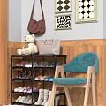 Wooden Table And Blue Chair Set In Entryway With Shoe Rack