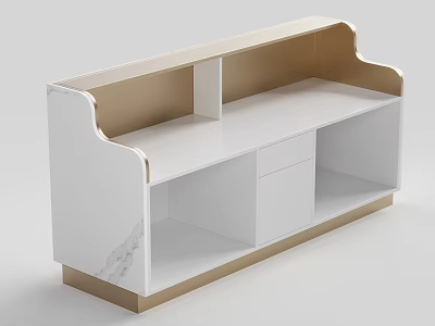 Modern Reception Desk Design With White Surface Gold Frame Marble Accents And Open Storage 3d model