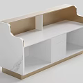 Modern Reception Desk Design With White Surface Gold Frame Marble Accents And Open Storage