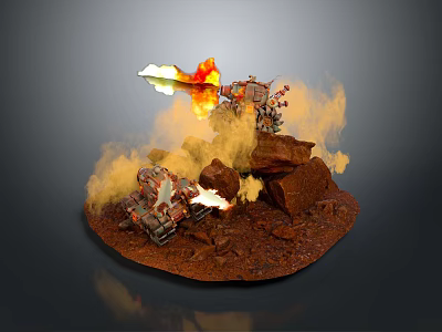 Red Rock Terrain 3D Model Scene Featuring Mechanical Flame Thrower Emitting Fire And Smoke 3d model