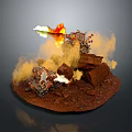 Red Rock Terrain 3D Model Scene Featuring Mechanical Flame Thrower Emitting Fire And Smoke
