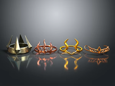 Four Stylish Decorative Rings With Geometric And Curved Metal Designs 3d model