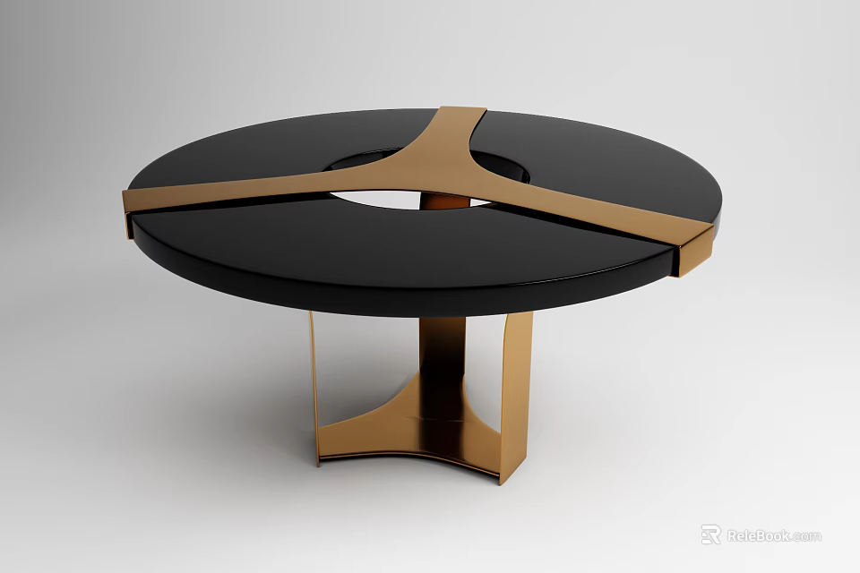 Modern Round Dining Table With Black Tabletop Central Cutout And Golden Geometric Base 3d model 