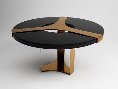 Modern Round Dining Table With Black Tabletop Central Cutout And Golden Geometric Base 3d model