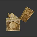 Golden Decorative Storage Box Featuring Open Lid And Intricate Coin Patterns