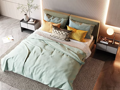 Modern Double Bed With Striped Headboard Light Green Quilt And Colorful Pillows 3d model