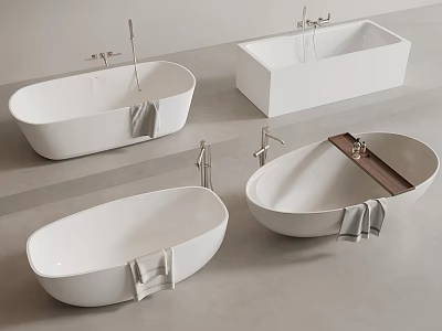 Various Shaped White Bathtubs With Faucets And Gray Towels On Gray Floor 3d model