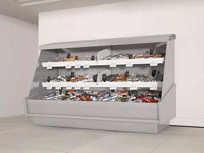 Silver Open Display Freezer with Multiple Shelves Holding Various Packaged Foods in Store 3d model