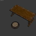 Rustic Wooden Table With Distressed Surface And Round Padded Stool For Home Decor 3d model