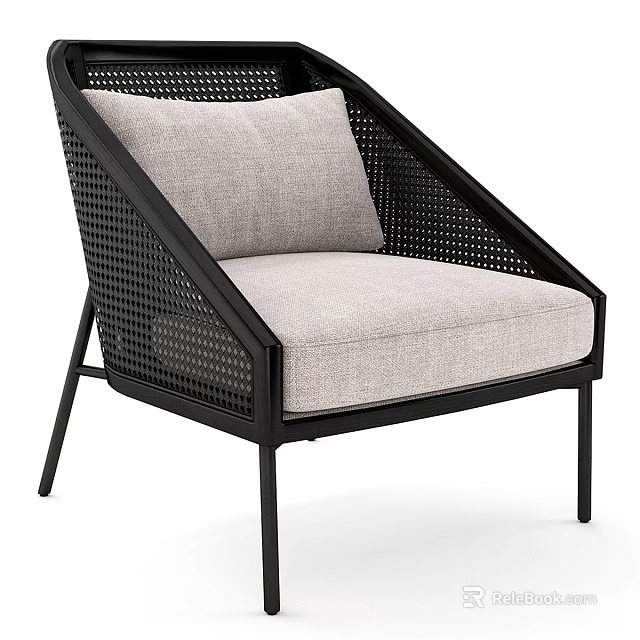 Modern Accent Chair With Black Metal Frame Woven Design And Light Gray Seat Cushion 3d model 
